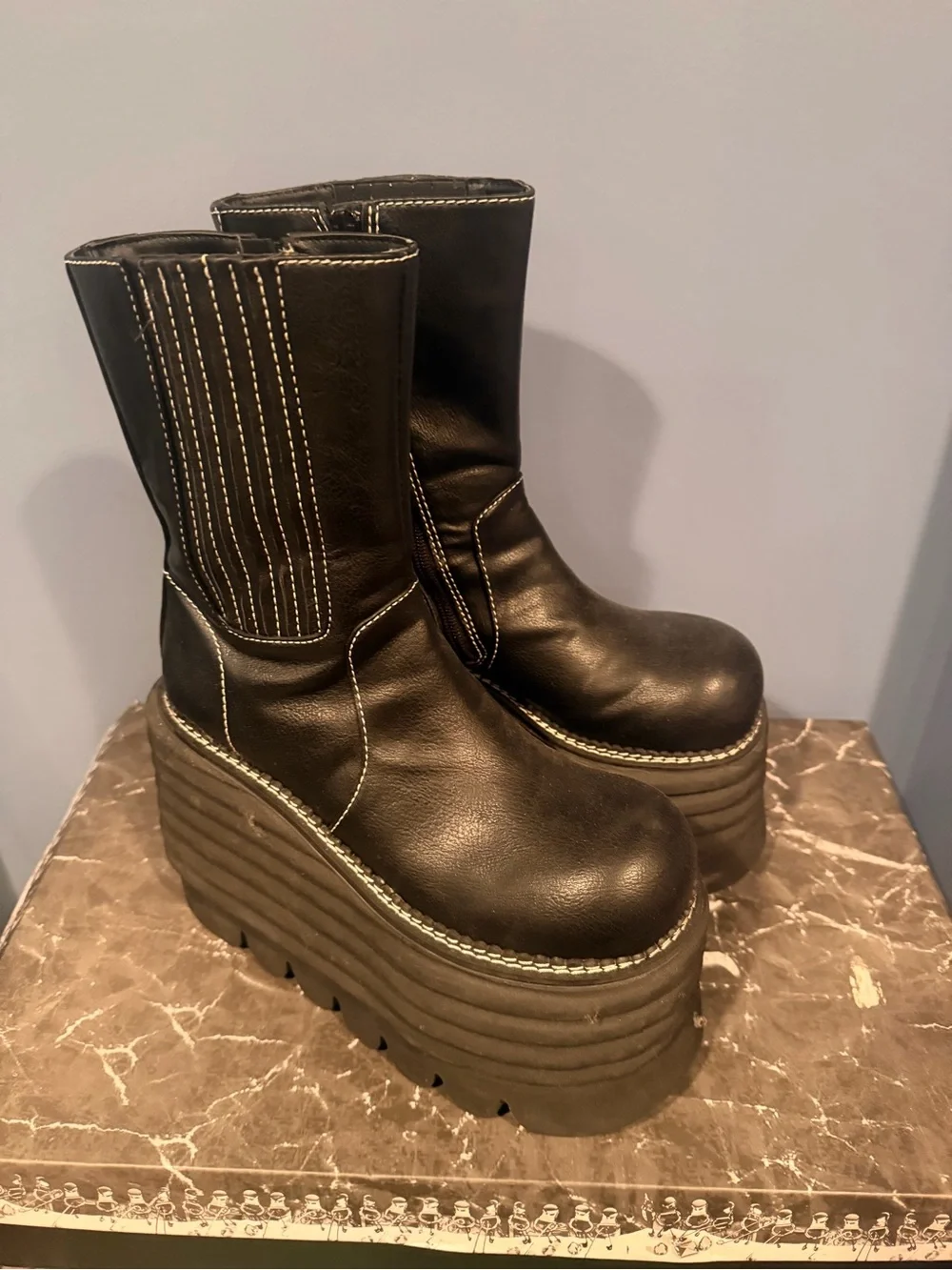 Dolls Kill Black Platform Mid-Calf Boots with Contrast Stitching